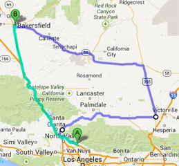 Map showing direct and indirect routes from Los Angeles to Bakersfield.